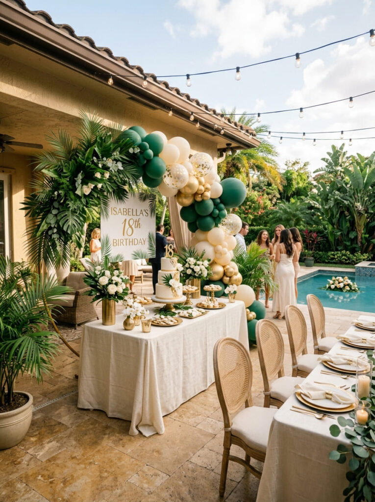 Tropical luxe 18th birthday theme with stylish elevated decor