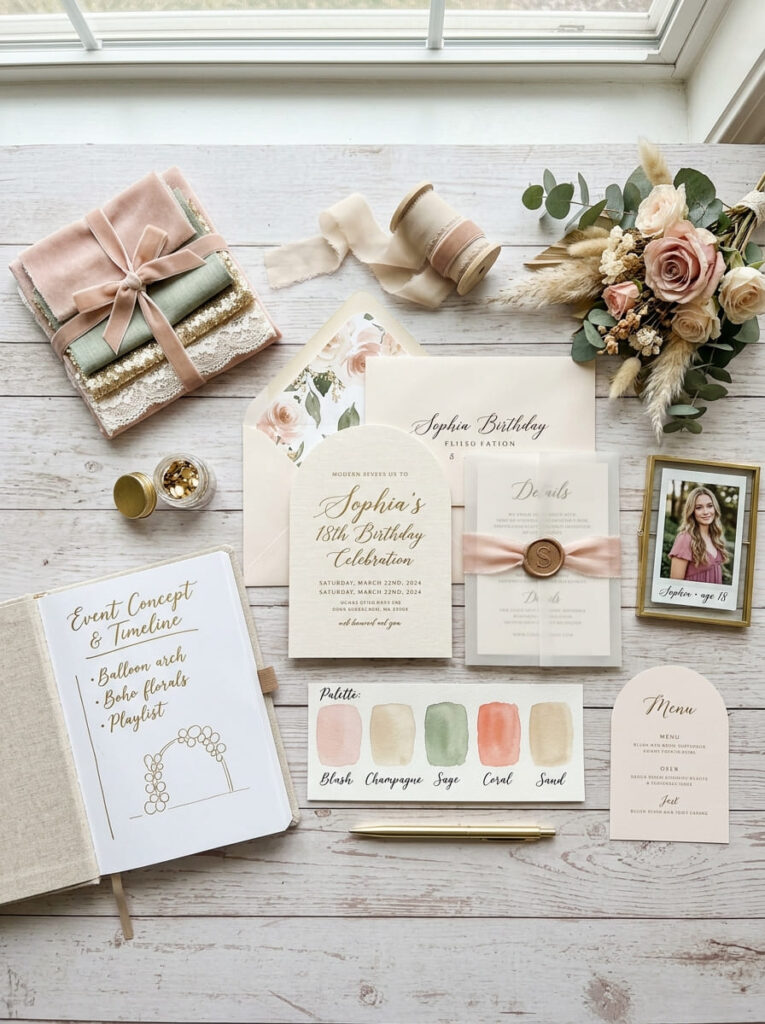 18th birthday theme planning flat lay with stylish party inspiration