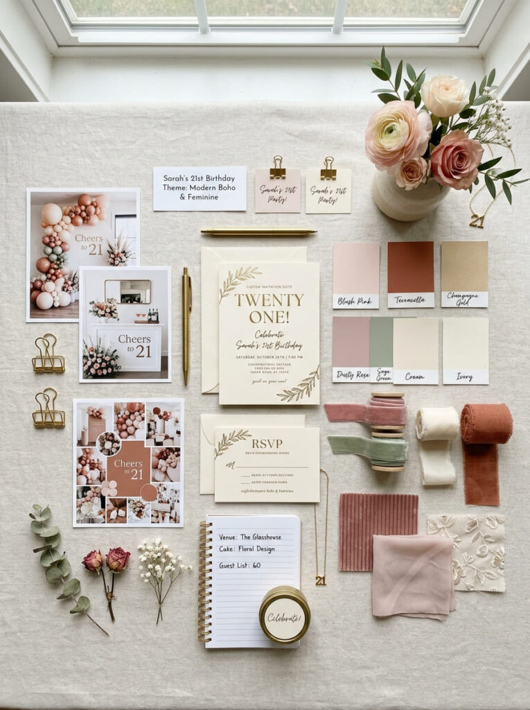 21st birthday theme planning flat lay with stylish party inspiration