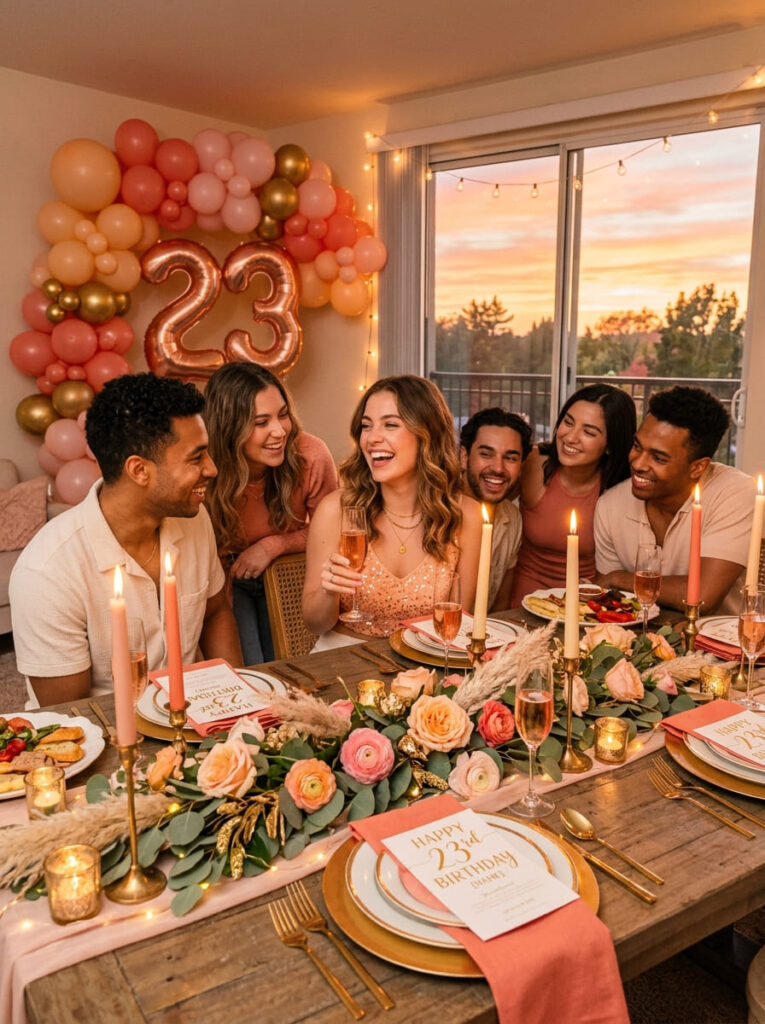 Sunset glow 23rd birthday party with peach, coral, gold, and soft pink tones

