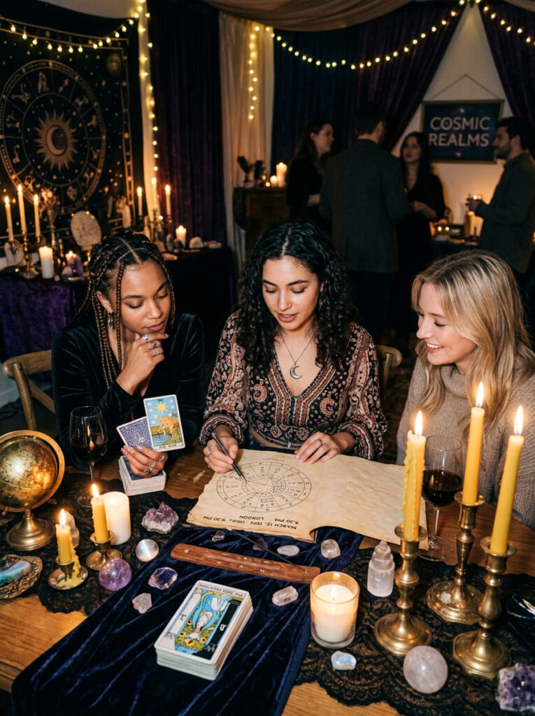 A mystical birthday table covered in midnight blue velvet, crystals, tall candles, and astrological birth charts.