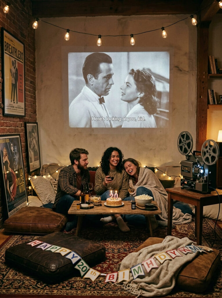 Retro cinematic backyard birthday party with movie projector screen and leather floor cushions.