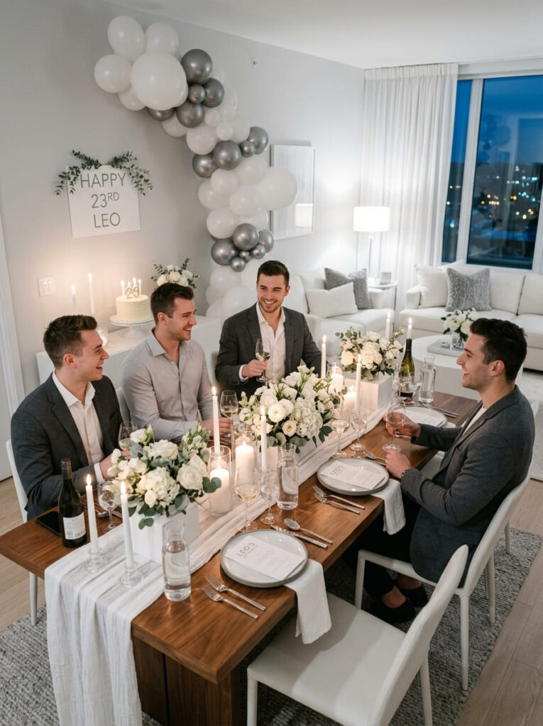 Modern all-white 23rd birthday party setup with clean masculine styling

