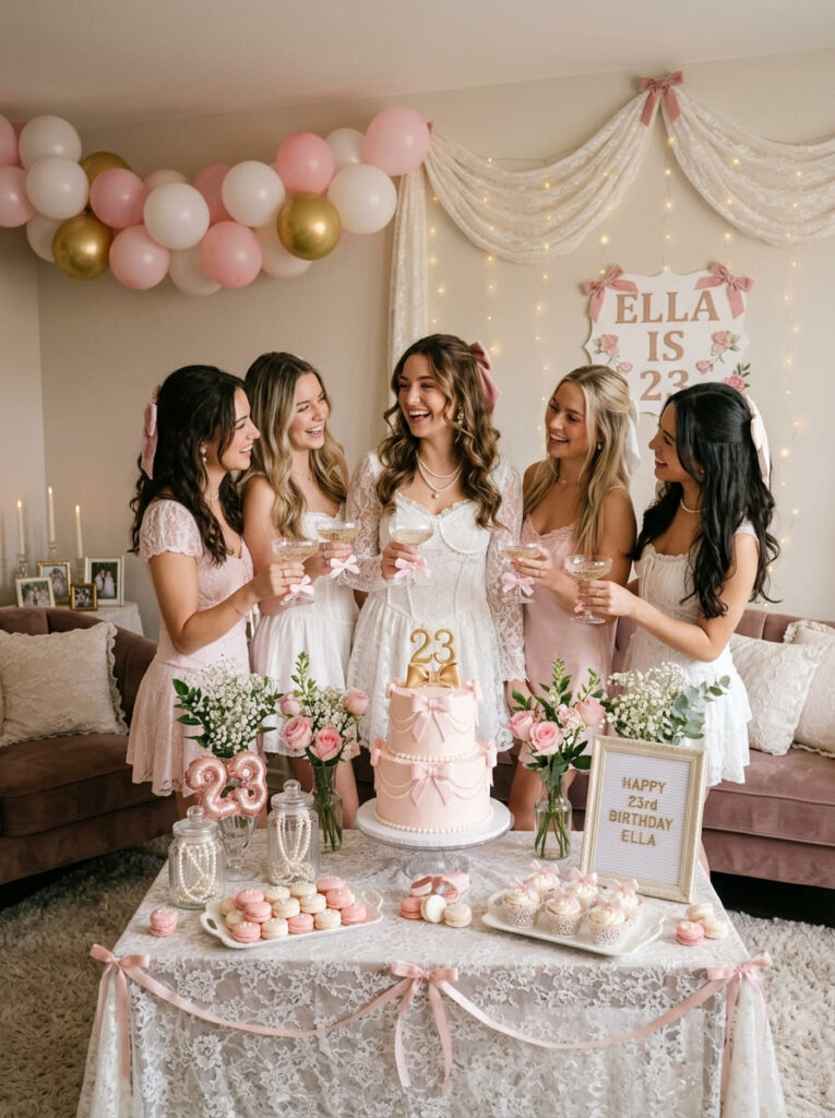Coquette-inspired 23rd birthday setup with pearls, lace, and soft pink details


