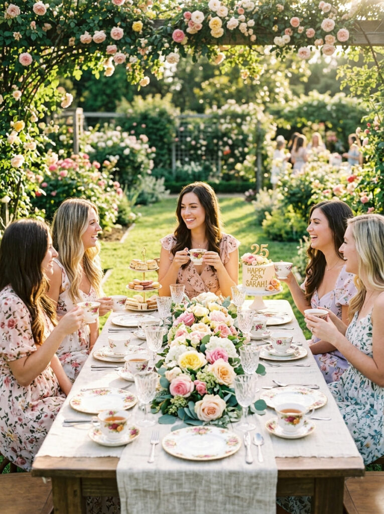 An elegant outdoor tea party table in a botanical garden with vintage porcelain teacups, floral plates, and fresh roses.