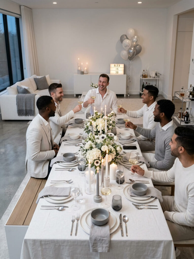 Modern all-white 30th birthday party setup with clean masculine styling