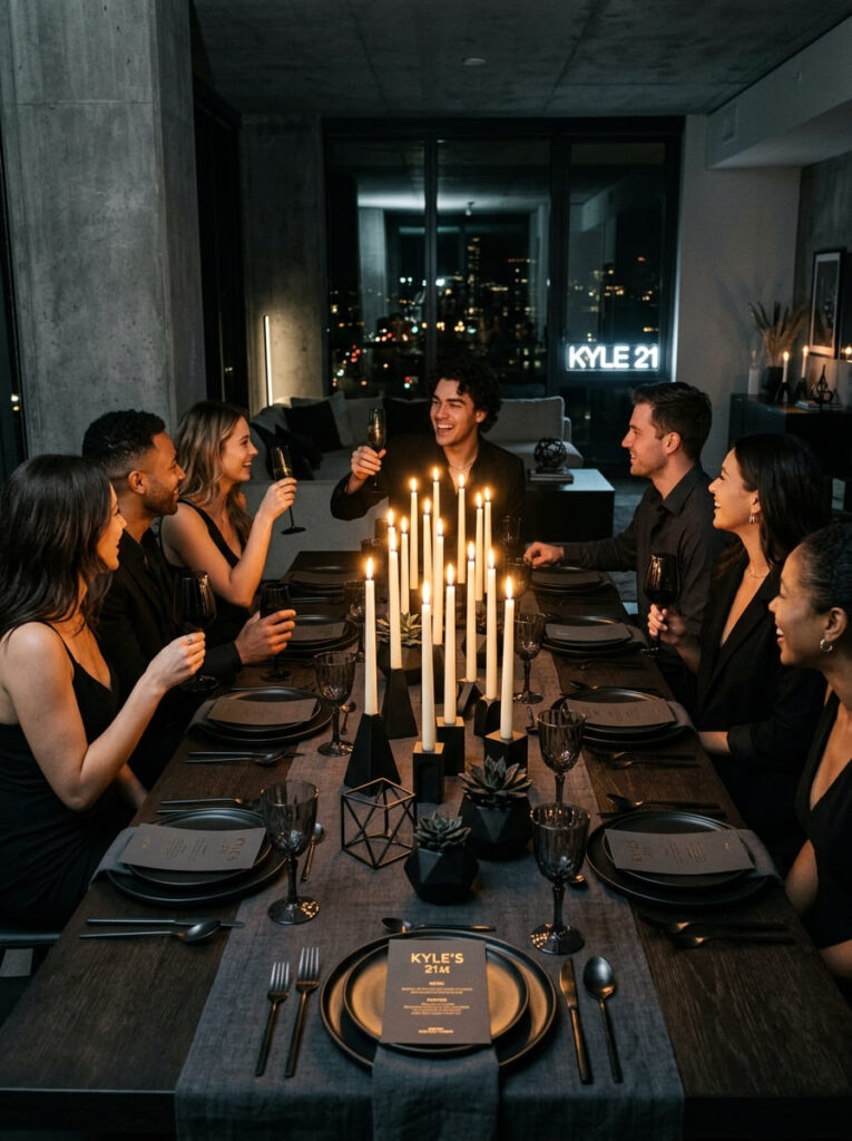 Luxury midnight casino party setup with a professional velvet blackjack table and silver chips.