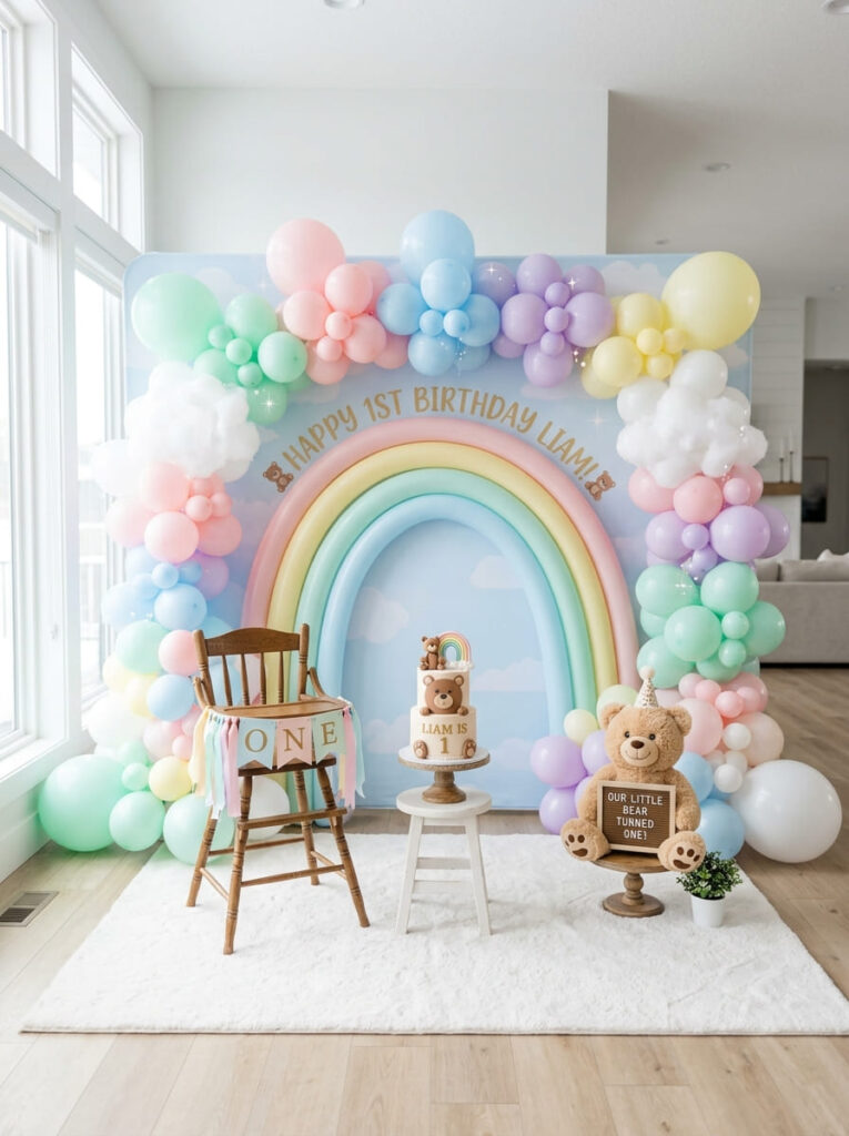 Pastel rainbow first birthday backdrop with clouds and sweet bear details