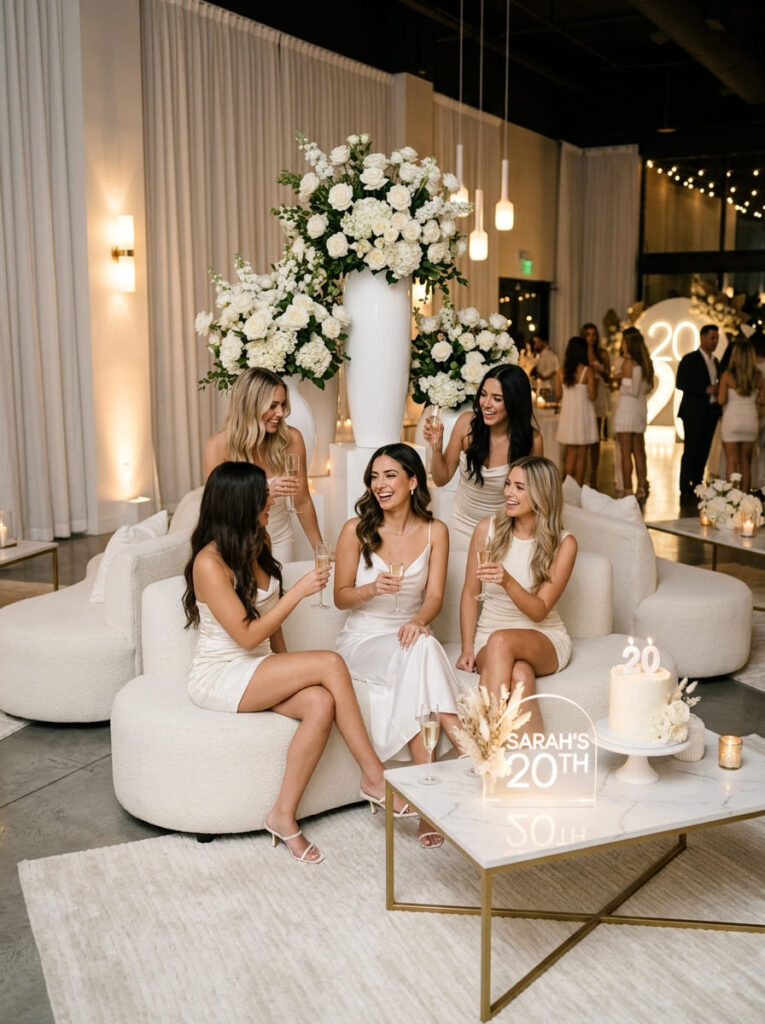 Monochromatic white birthday lounge with ivory bouclΓ© seating and fresh white roses.