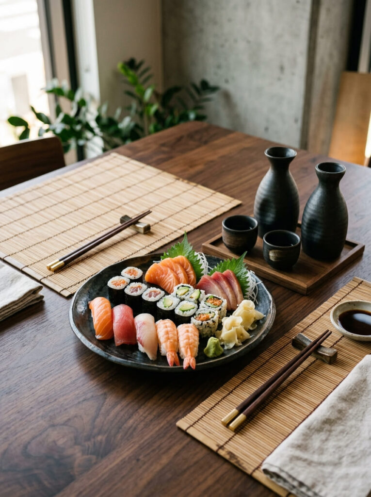 A minimal dark wood table setting featuring fresh sushi platters, bamboo placemats, and ceramic sake carafes.