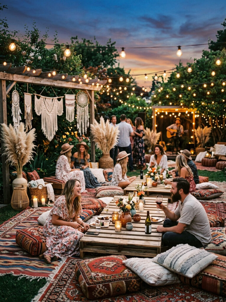 A bohemian backyard party setup with low pallet tables, Moroccan floor cushions, pampas grass, and macrame decor.