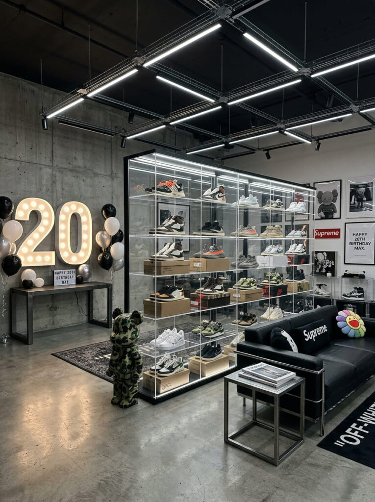 High-end streetwear hypebeast birthday party with sneaker display cases and LED lighting.