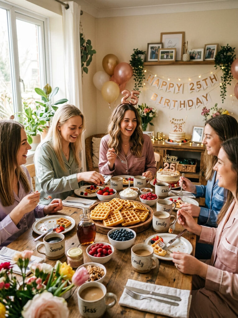 A casual indoor birthday brunch featuring a waffle bar with fresh berries and coffee mugs on a decorated table.