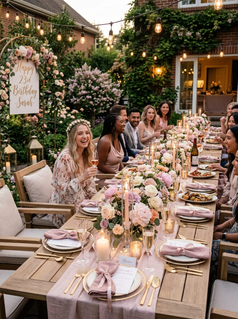 Garden party 23rd birthday celebration with florals and candlelit styling

