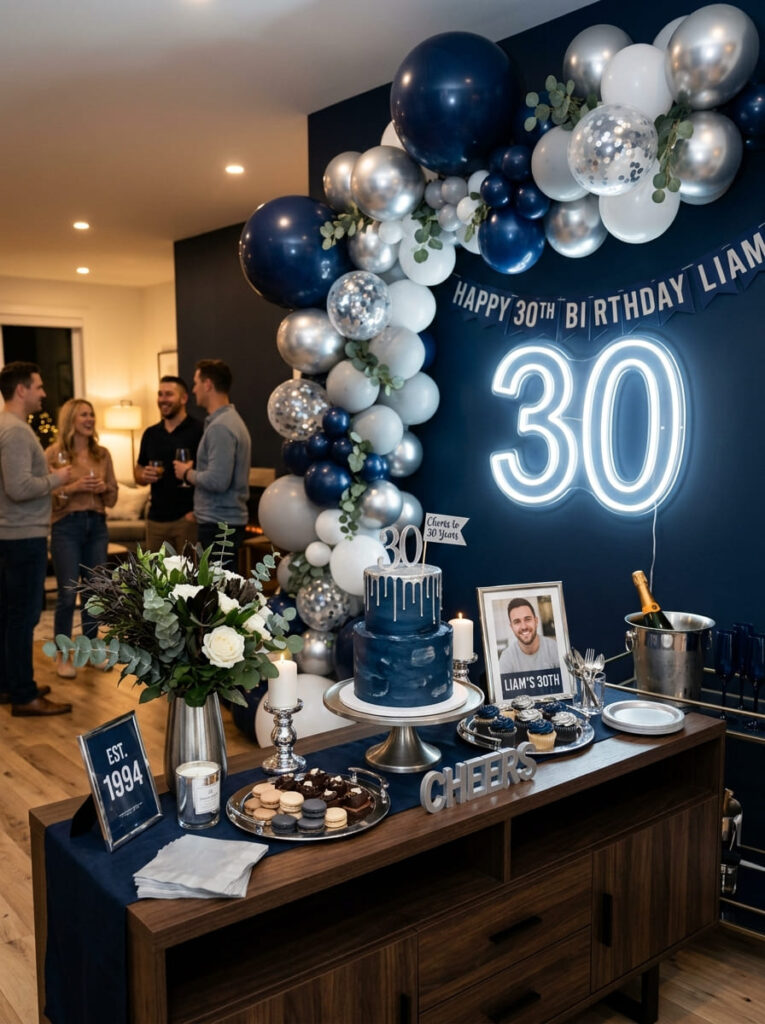 Navy and silver 30th birthday celebration with sleek table decor