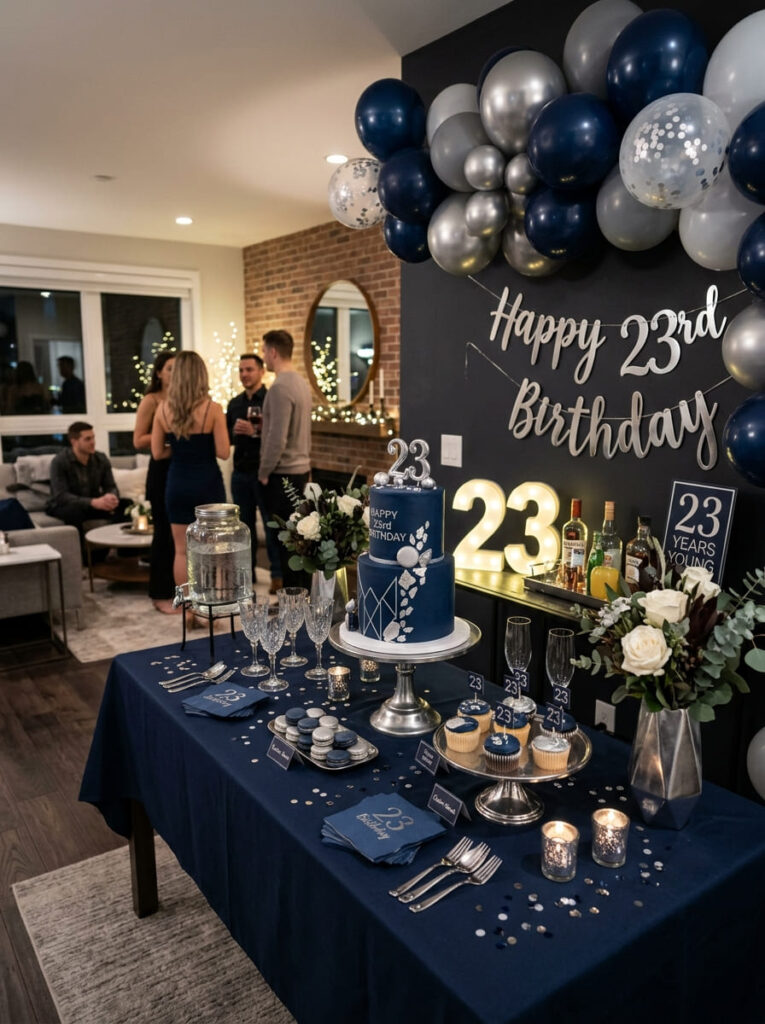 Navy and silver men’s 23rd birthday celebration with sleek table decor

