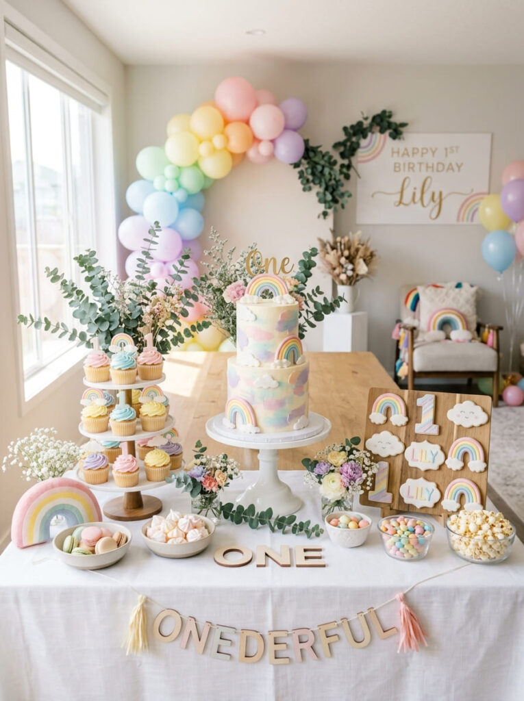 Pastel first birthday dessert table with rainbow sweets and elegant styling