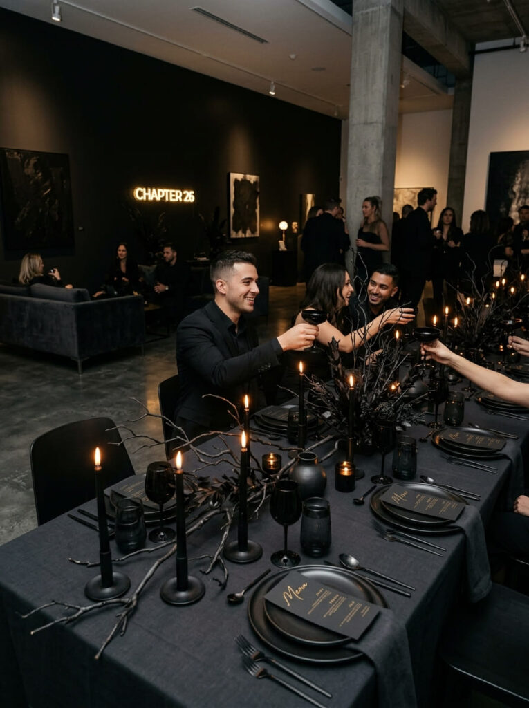 Monochromatic onyx birthday gallery lounge with black plates and taper candles.