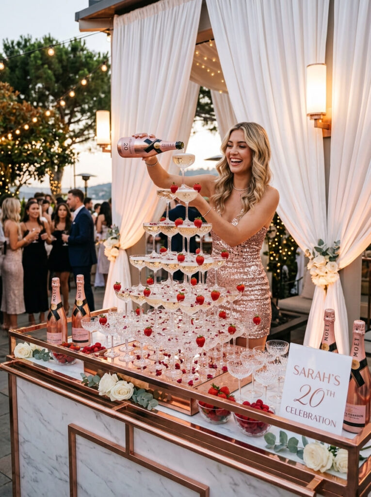 Editorial champagne bar setup with rose-gold fixtures and crystal coupe glasses.