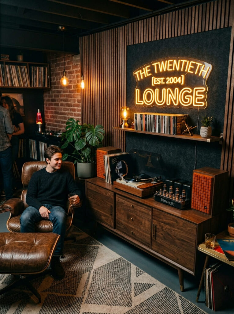 Mid-century modern vinyl listening lounge setup with walnut console and record player.