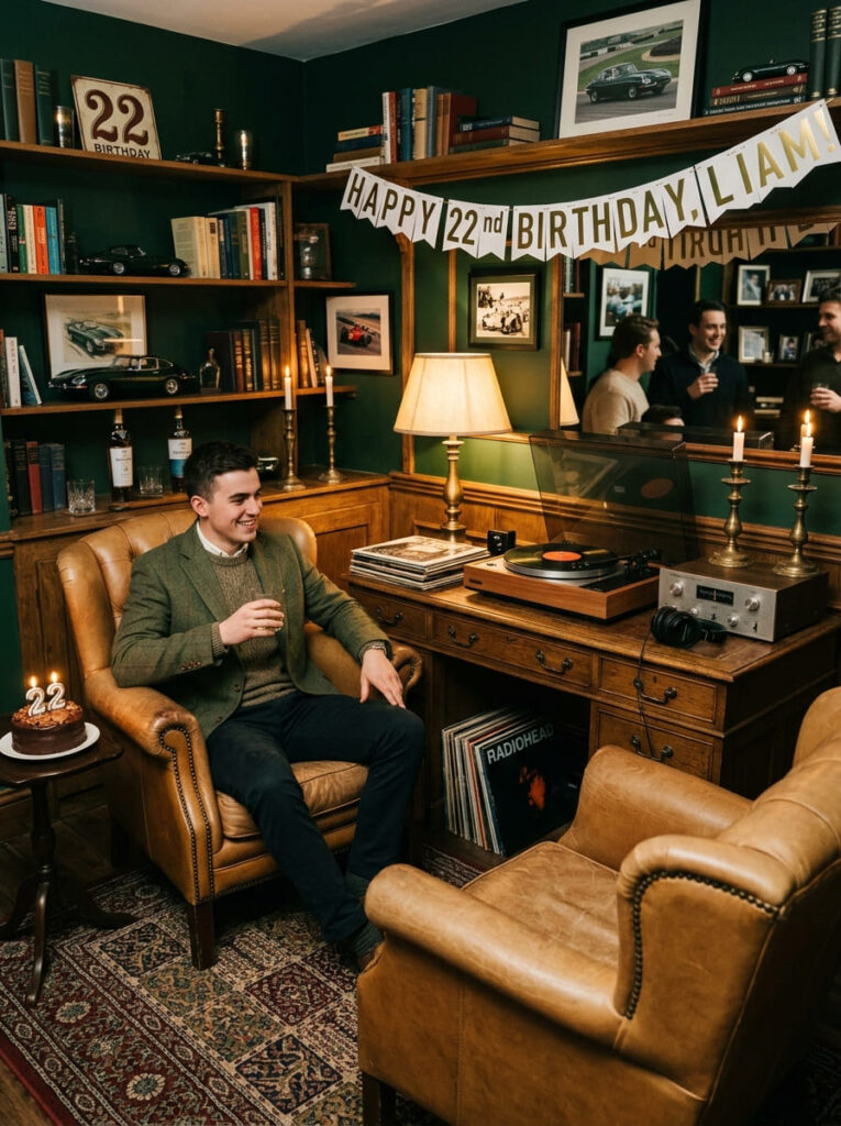 British racing green birthday study lounge with tan leather and vintage turntables.