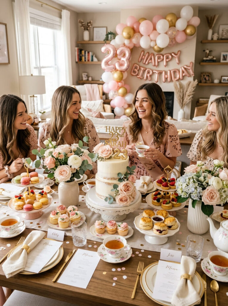 Modern tea party 23rd birthday with pretty desserts and elegant tableware

