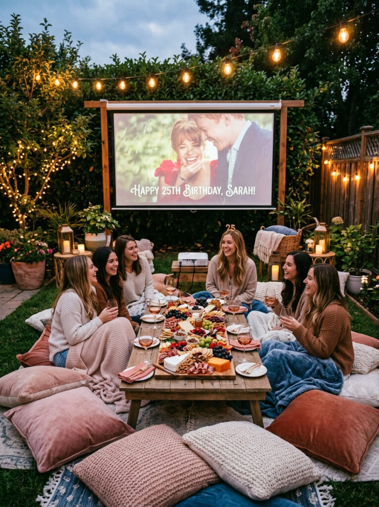 A backyard movie night setup with a projector screen, plush floor pillows, string lights, and a charcuterie board.