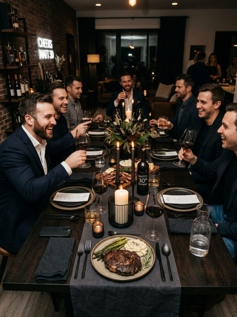 Steakhouse-inspired dinner party for a men’s 30th birthday at home