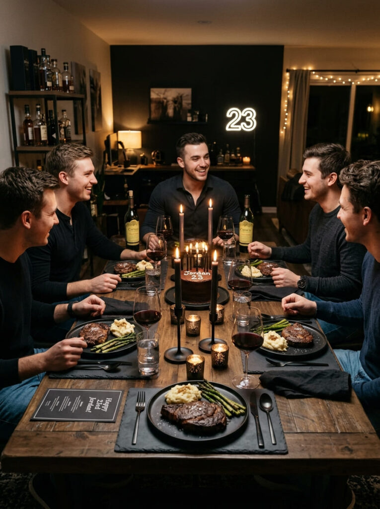 Steakhouse-inspired dinner party for a men’s 23rd birthday at home

