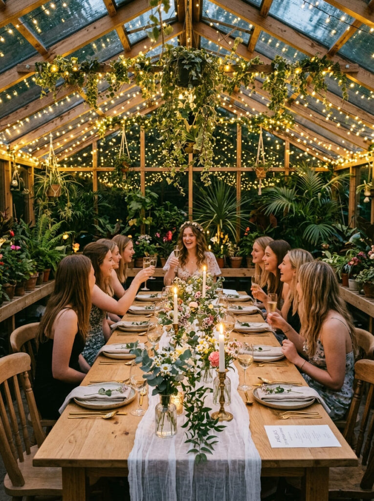 Greenhouse birthday dinner party with sheer white runners and warm fairy lights.
