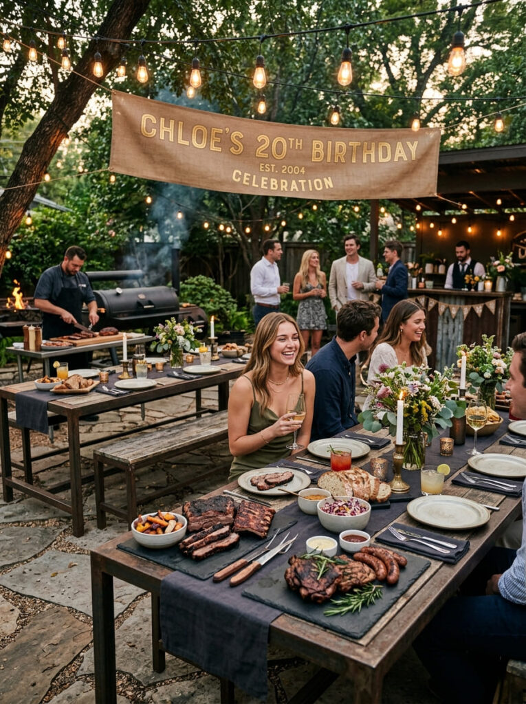 Upscale wood-fired culinary backyard birthday party with smoked meats on slate platters.