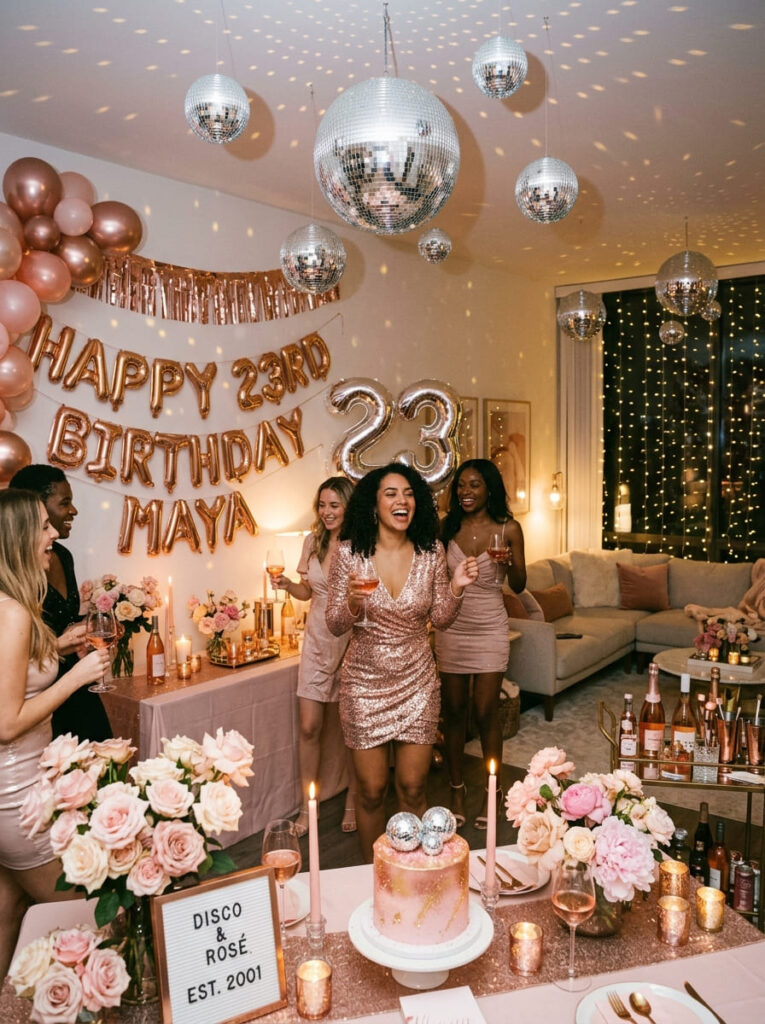 Disco and rosé 23rd birthday party with metallic accents and rosy tones

