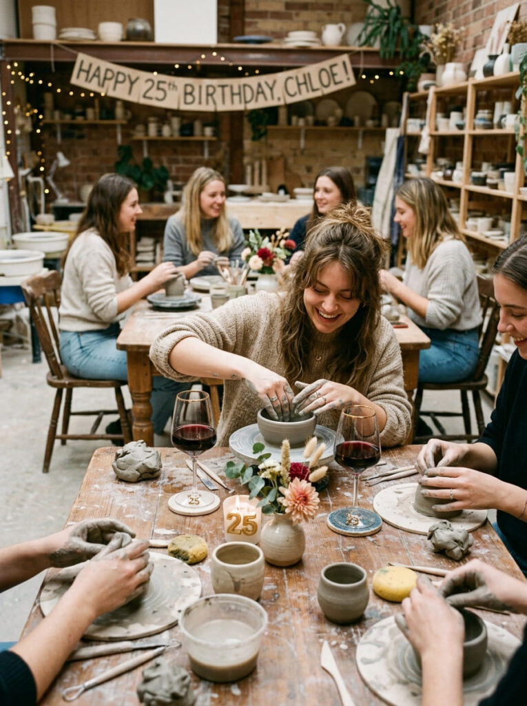 An artistic pottery workshop setup at a wooden table with clay sculpting tools and glasses of red wine.
