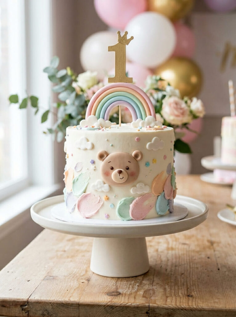 Pastel first birthday cake with rainbow accents and sweet bear detail