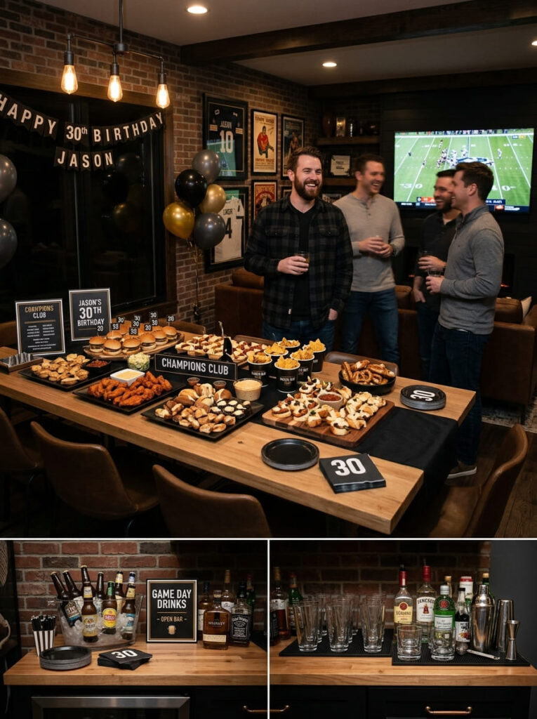 Stylish sports bar themed 30th birthday party setup at home