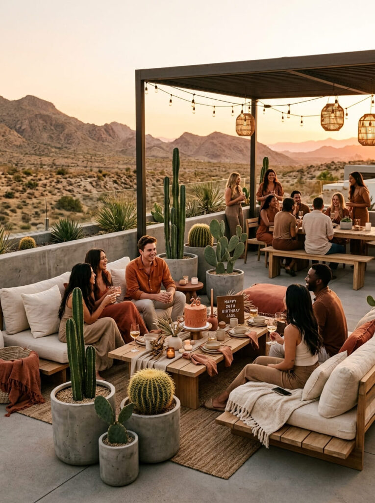 Outdoor desert minimalist birthday terrace with cream cushions and large cacti.