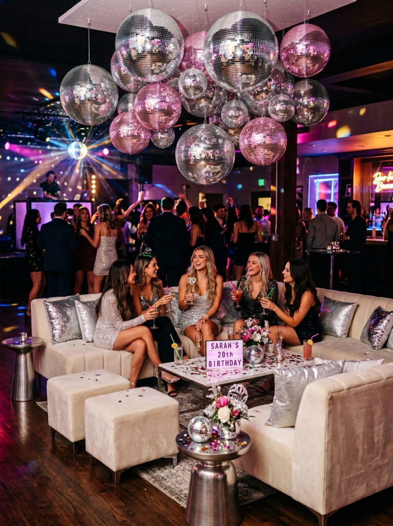 Modern disco birthday lounge with silver and pink mirror balls over cream seating.
