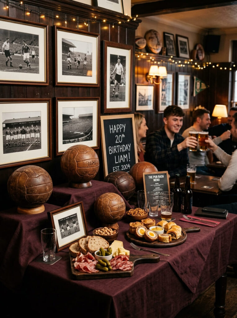 Sophisticated retro sports birthday theme with vintage memorabilia and burgundy linens.