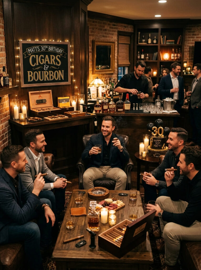Cigar bar and bourbon themed 30th birthday celebration with dark tones