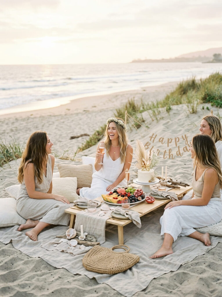 A beach-themed picnic with neutral linen blankets, sandy neutral decorations, fresh fruit platters, and seashell accents.