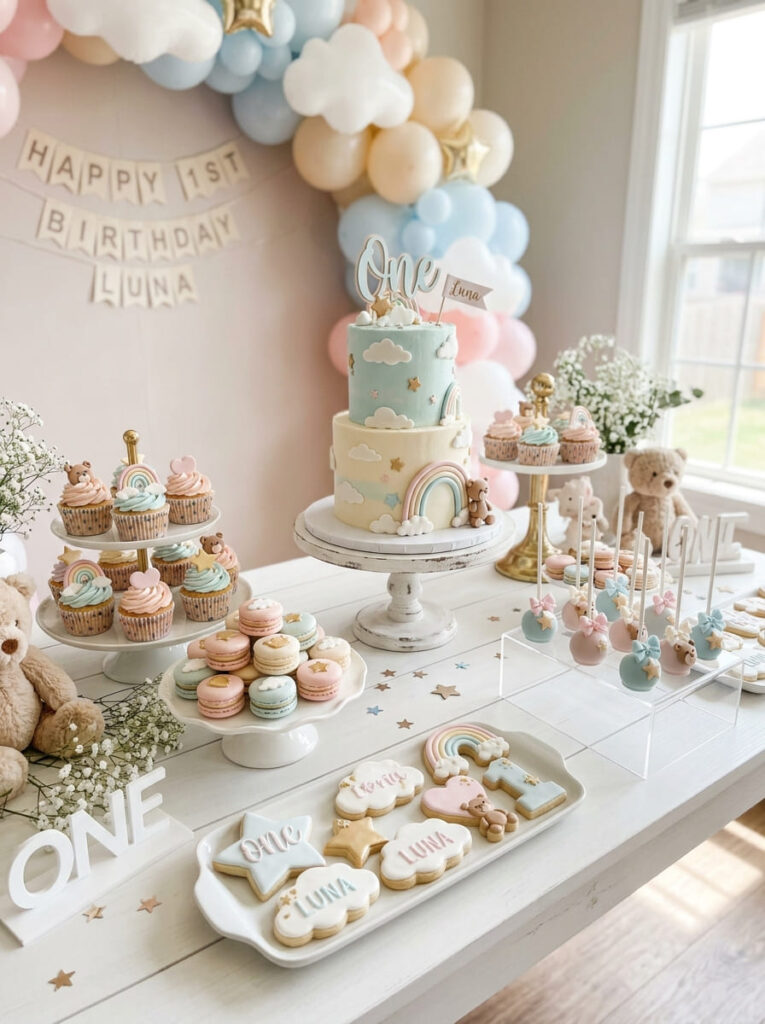 Pastel first birthday themed desserts with so