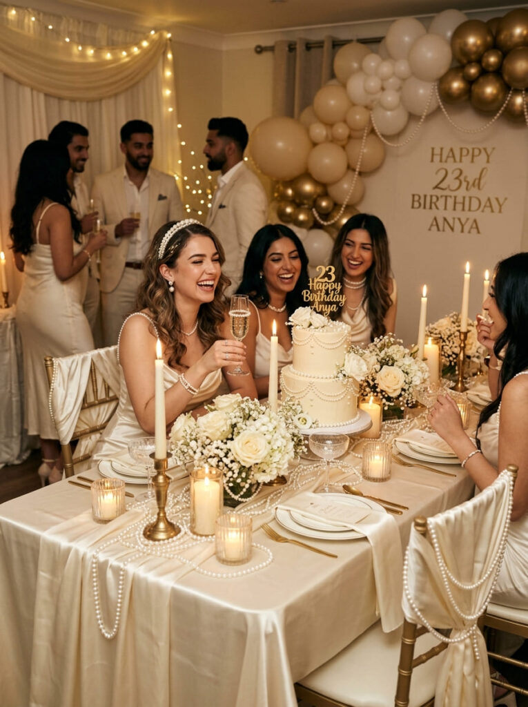 Satin and pearls 23rd birthday celebration with creamy luxe styling

