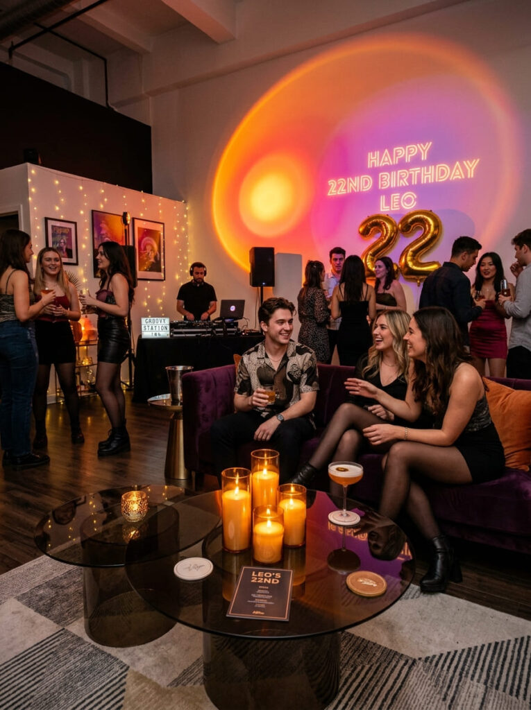 Sunset lamp projection birthday room with smoked glass tables and amber candles.