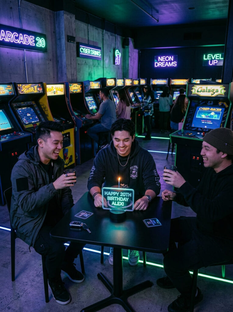 Cyberpunk retro arcade birthday lounge with indigo and emerald green ambient lighting.