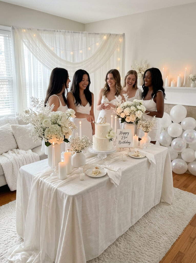 All-white 23rd birthday party with layered textures and subtle elegance


