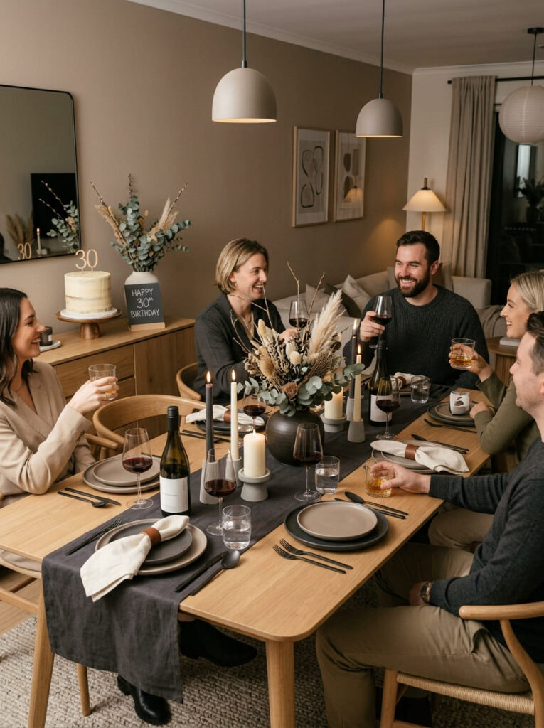 Minimalist neutral 30th birthday party with refined masculine decor
