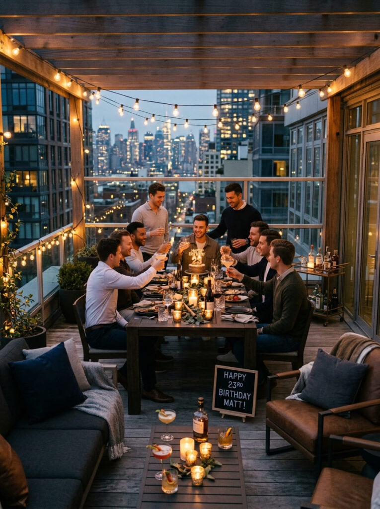 Minimalist neutral 23rd birthday party with refined masculine decor

