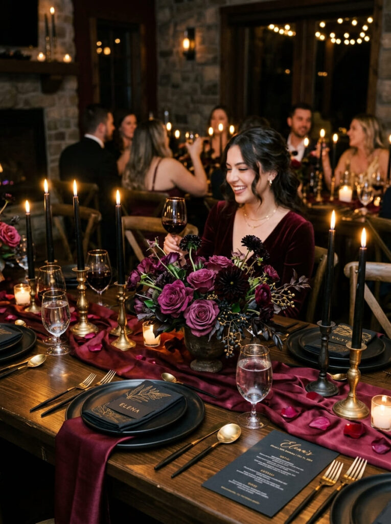 Moody dark romantic birthday tablescape with burgundy silk and plum roses.