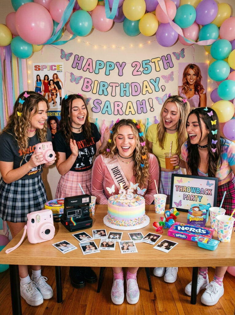 A colorful 90s nostalgia birthday party room with pastel decorations, vintage cameras, and retro props.