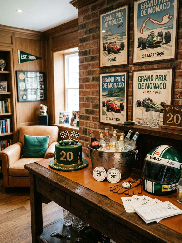 Vintage motorsport birthday setup with racing green accents and Monaco Grand Prix poster.
